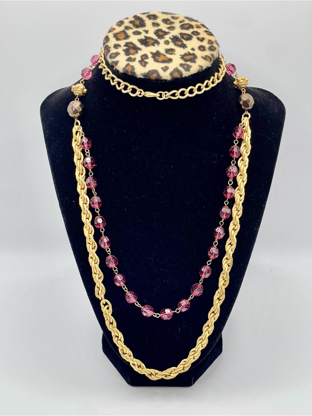 Long Matte Gold Tone Chain and Pink Bead Layered Necklace - Women Jewelry